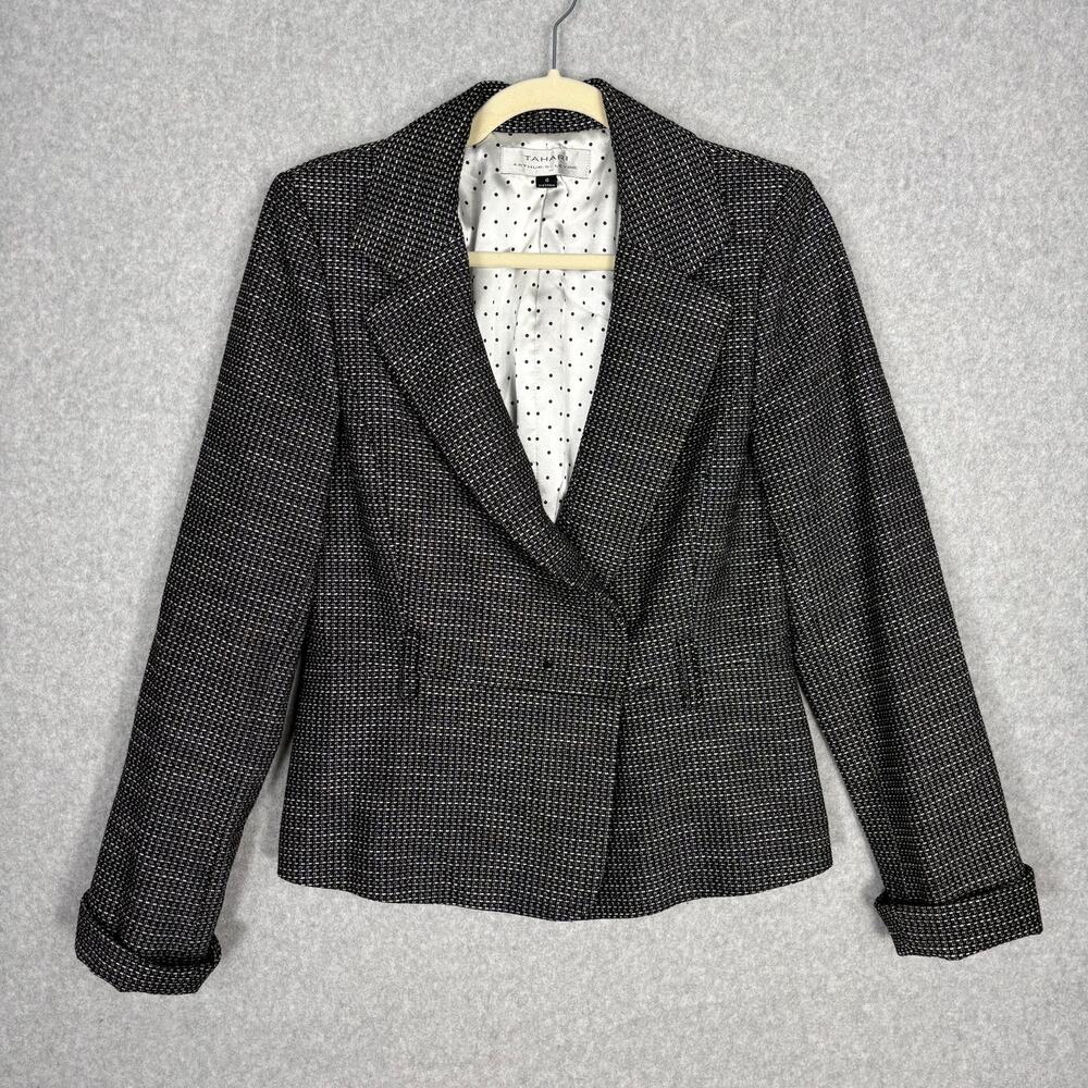 Tahari Blazer Womens Size 6 Tweed Double Breasted Cuff Royal Suit Career READ
